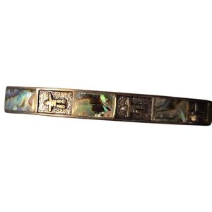 Silver Tone Hinged Abalone Bracelet With Inuit Design And Northern Lights